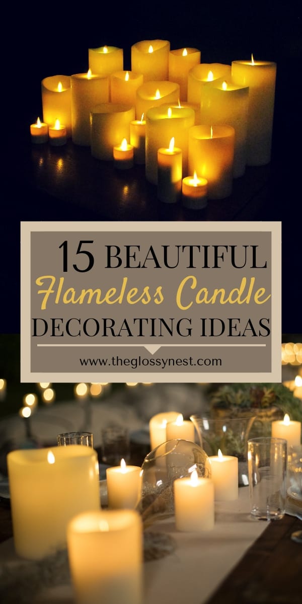 Decorating ideas with flameless candles using large groupings of candles on a tablescape