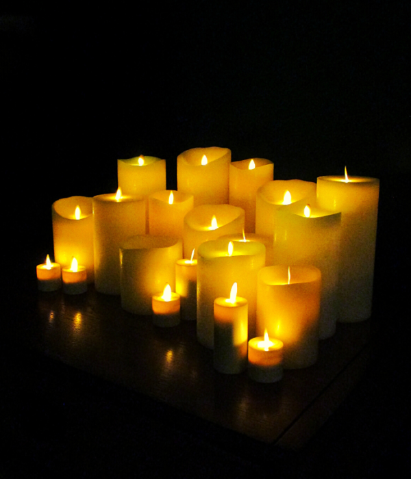 Decorating ideas with flameless candles using large groupings of candles