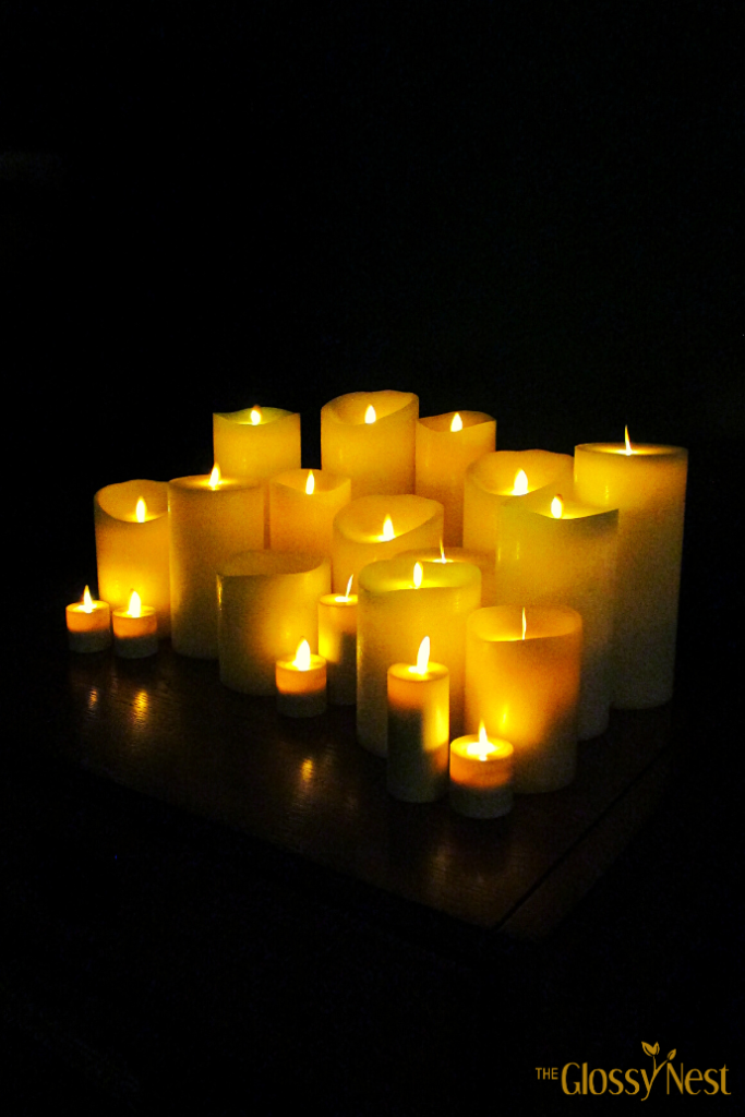 Decorating ideas with flameless candles using large groupings of candles