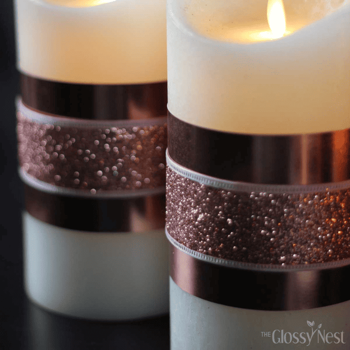 How to decorate a candle with pink glitter ribbon
