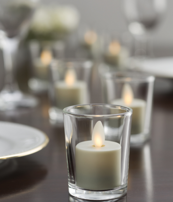 Flameless candle wedding centerpiece with votives & glass candle holders
