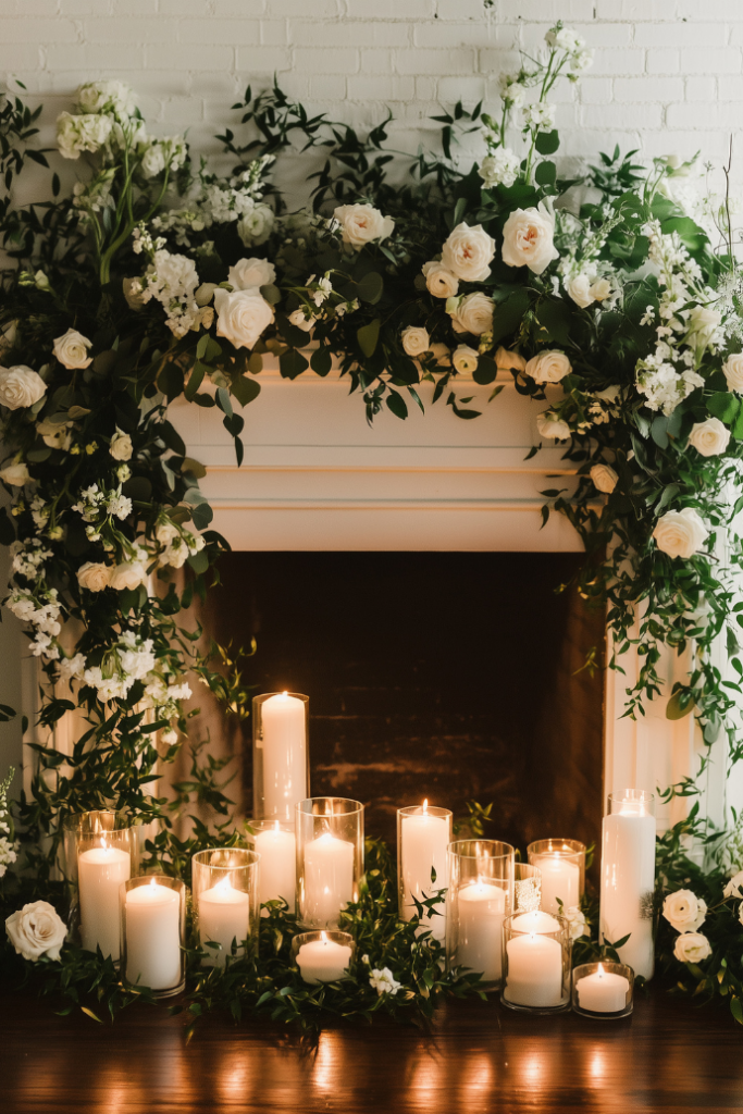 A fireplace decorated with white flowers and lush greenery, surrounded by an array of lit candles in glass holders, creating a warm and romantic ambiance.