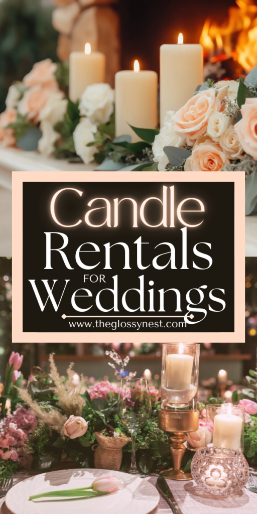 A collage of wedding-themed images: top shows white candles and peach roses, the middle features "Rent Flameless Candles for Weddings" text, and the bottom displays a table with elegant candle arrangements and pink flowers.