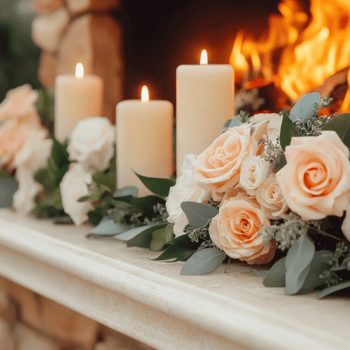 A cozy fireplace features lit pillar candles, including the option to rent flameless candles, alongside a floral arrangement of peach and white roses. Green leaves and soft foliage enhance the elegant, warm ambiance.