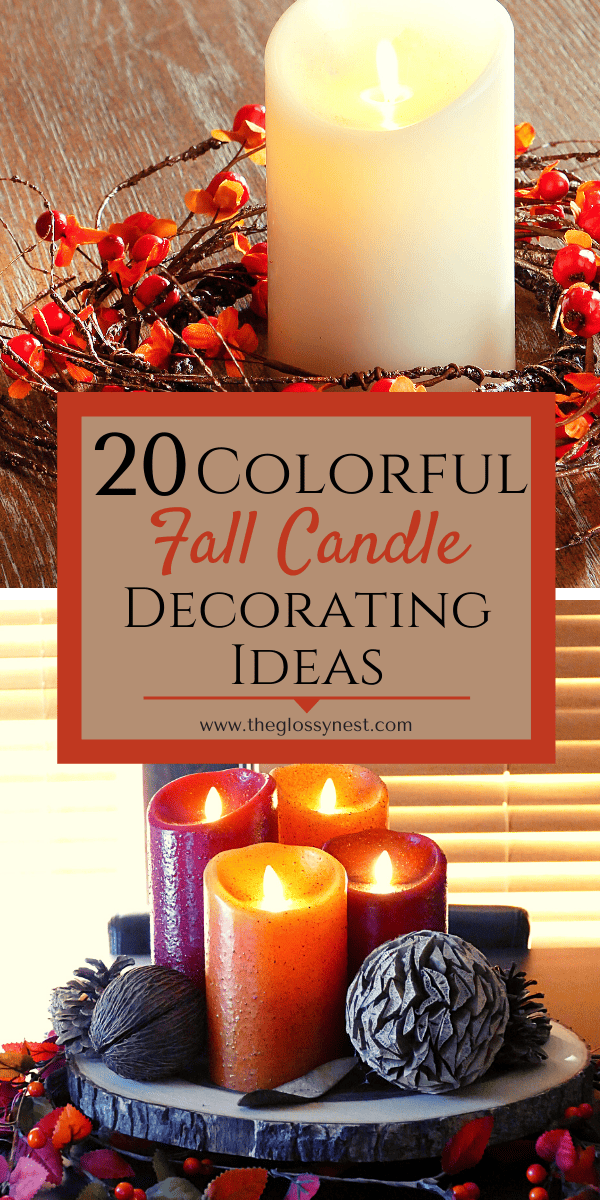 Fall candle decorating ideas using a candle ring, wood charger, faux greenery, pine cones