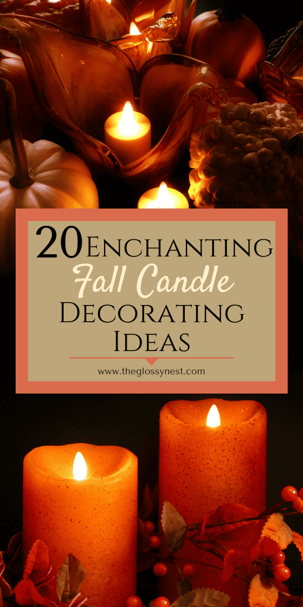 Fall candle decorating ideas using faux greenery, small pumpkins, gourds, candle holders