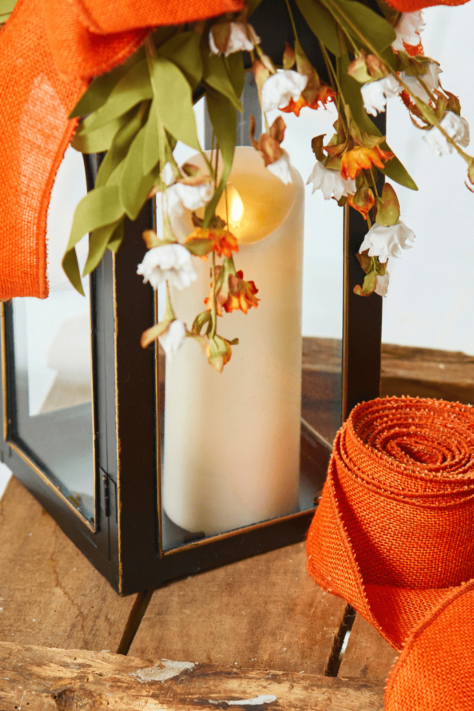 Fall candle decorating ideas using ribbon & a lantern