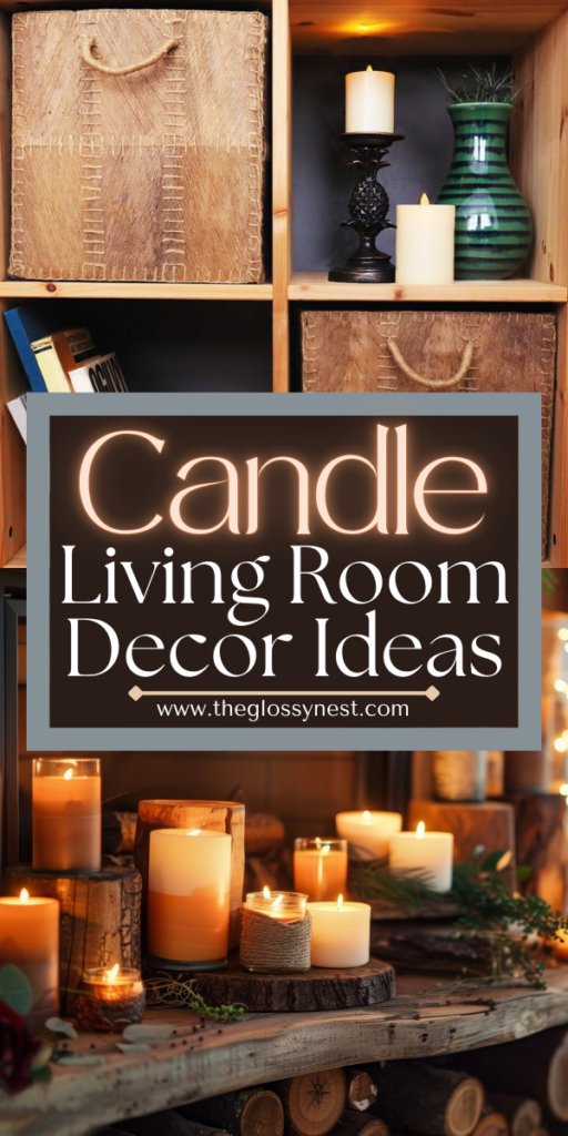 A cozy scene with wooden shelves showcases candles of various sizes and styles. Some rest atop logs, surrounded by woven baskets and greenery, offering warm inspiration on how to display candles in a living room. Text reads: "Candle Living Room Decor Ideas.