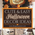 Cute ways to decorate for Halloween with a wreath, tiered tray, Rae Dunn mugs, pumpkins, bats