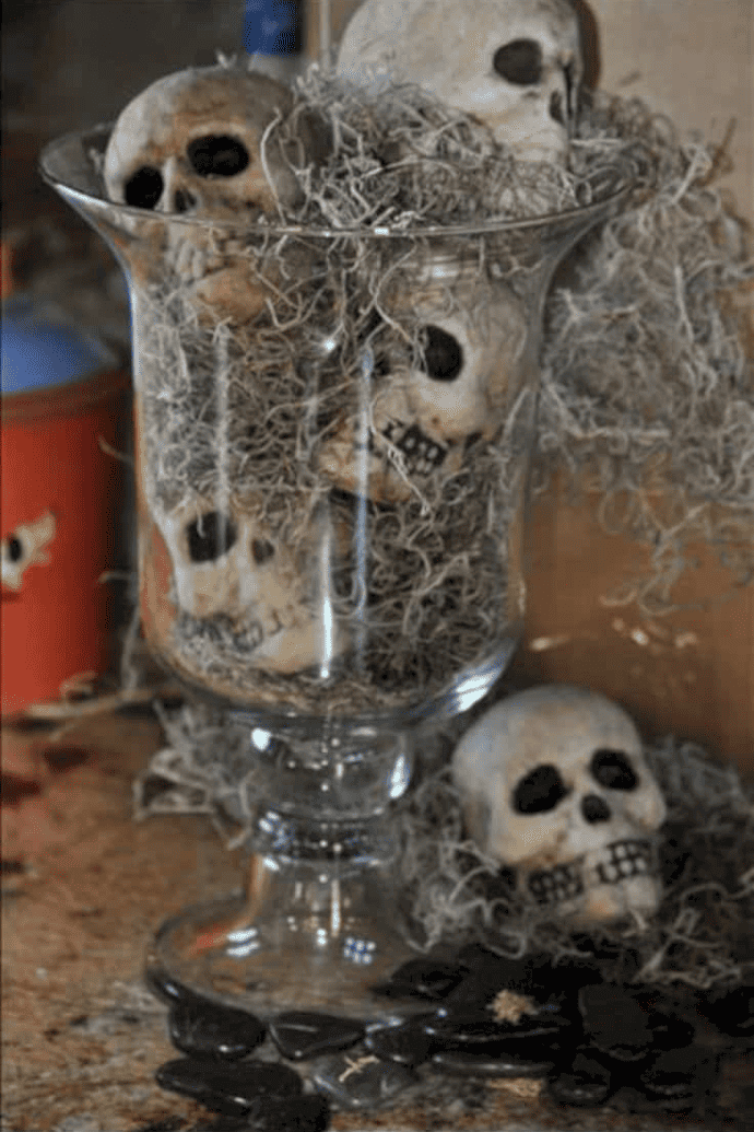 Scary ways to decorate your house for Halloween with skulls & Spanish moss in a vase