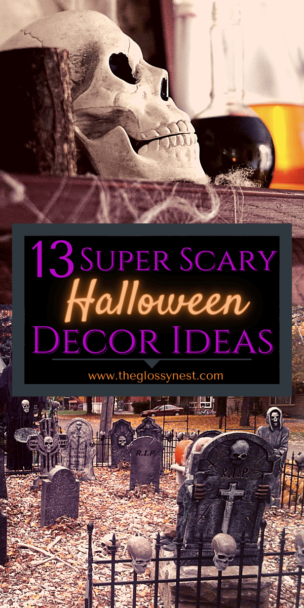Scary ways to decorate your house for Halloween with skull on mantel, front yard graveyard