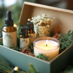 A gift box containing three small bottles with botanical labels, a lit candle, and dried flowers, surrounded by greenery. The box is open, displaying the items neatly arranged on a bed of foliage.