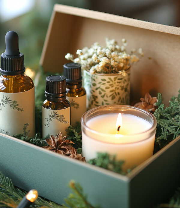 A gift box containing three small bottles with botanical labels, a lit candle, and dried flowers, surrounded by greenery. The box is open, displaying the items neatly arranged on a bed of foliage.