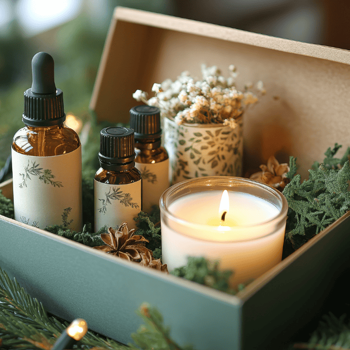 A gift box containing three small bottles with botanical labels, a lit candle, and dried flowers, surrounded by greenery. The box is open, displaying the items neatly arranged on a bed of foliage.