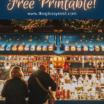 A couple stands at a festive Christmas market stall decorated with warm lights and ornaments. The image advertises a "Christmas Budget Worksheet" with "Free Printable" text at the top. Website: www.theglossynest.com.