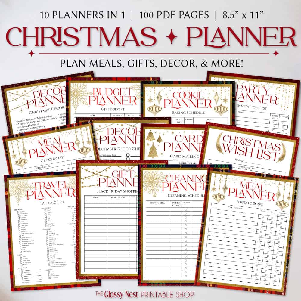 Psst - Christmas is coming! Get organized for the Christmas holiday this year with our Ultimate Christmas Planner printable - instead of just winging it. The best Christmas planner combines 10 planners into 1 - Christmas activities & traditions, budget, gift, decor, cookies, dinner, meal, menu, recipe, vacation, cleaning, cards & parties. Over 100 pages including a cover sheet, checklists, calendars, grocery & to do lists & more! Get organized & stay on track with this Christmas planner binder.