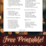 A festive Christmas planning checklist featuring timelines and tasks for after Christmas, 6 months before, 2-3 months before, 3-4 weeks before, 1 week before, and Christmas Eve. Includes decorative ornaments and a "Free Printable" banner.