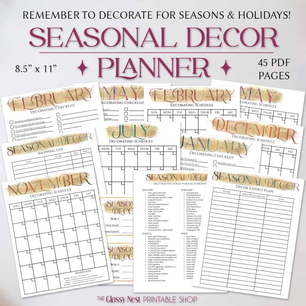 When should you put up holiday decorations? Make seasonal & holiday decor prep simple with this printable seasonal decor planner. The perfect decorating calendar/checklist/schedule for Christmas, Halloween, July 4th, etc. Includes inventory sheets, storage box tags, decor layout plan, decorating ideas for each month & more!