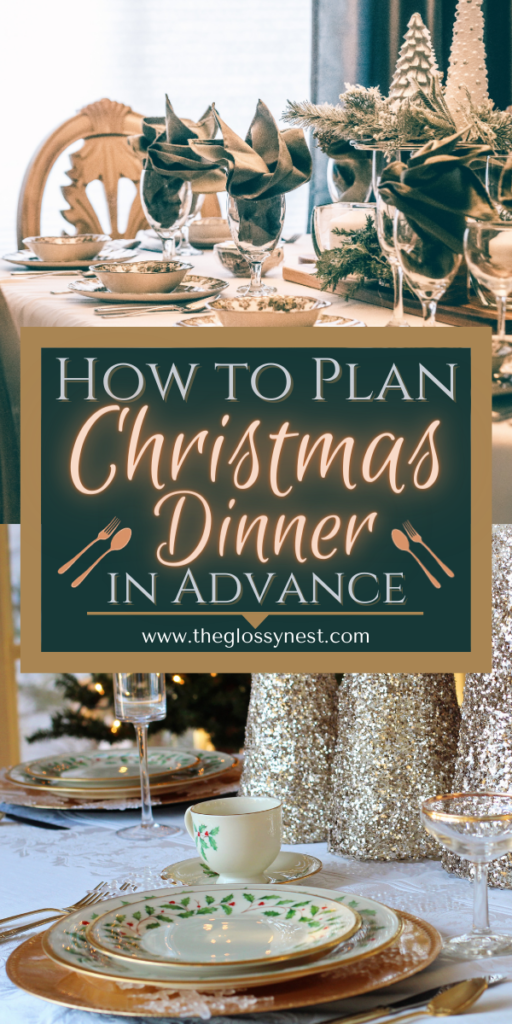 Festive holiday dining table set with elegant dinnerware, glasses, and evergreen-themed napkins. Decorative trees with sparkling textures adorn the background. Text overlay reads "How to Plan Christmas Dinner in Advance" from theglossynest.com.