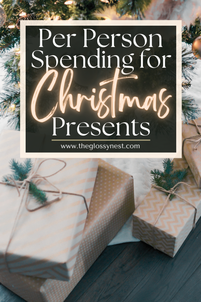 A text overlay reads "Per Person Spending for Christmas Presents," perfect for your holiday gift planning, above wrapped gifts under a decorated tree. The website "www.theglossynest.com" is prominently displayed below the text.