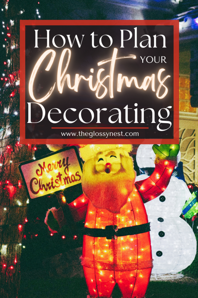 A festive display featuring a lit-up Santa figure holding a "Merry Christmas" sign, with colorful string lights and a snowman in the background. A text overlay reads, "How to Plan Your Christmas Decorating" from theglossynest.com.