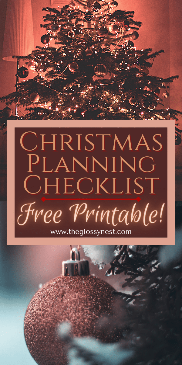 Christmas planning checklist, pink glitter ornament hanging on tree with snow, pink Christmas tree