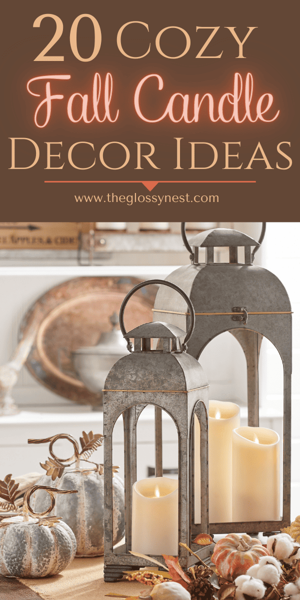 Fall candle decorating ideas using lanterns, pumpkins on a table