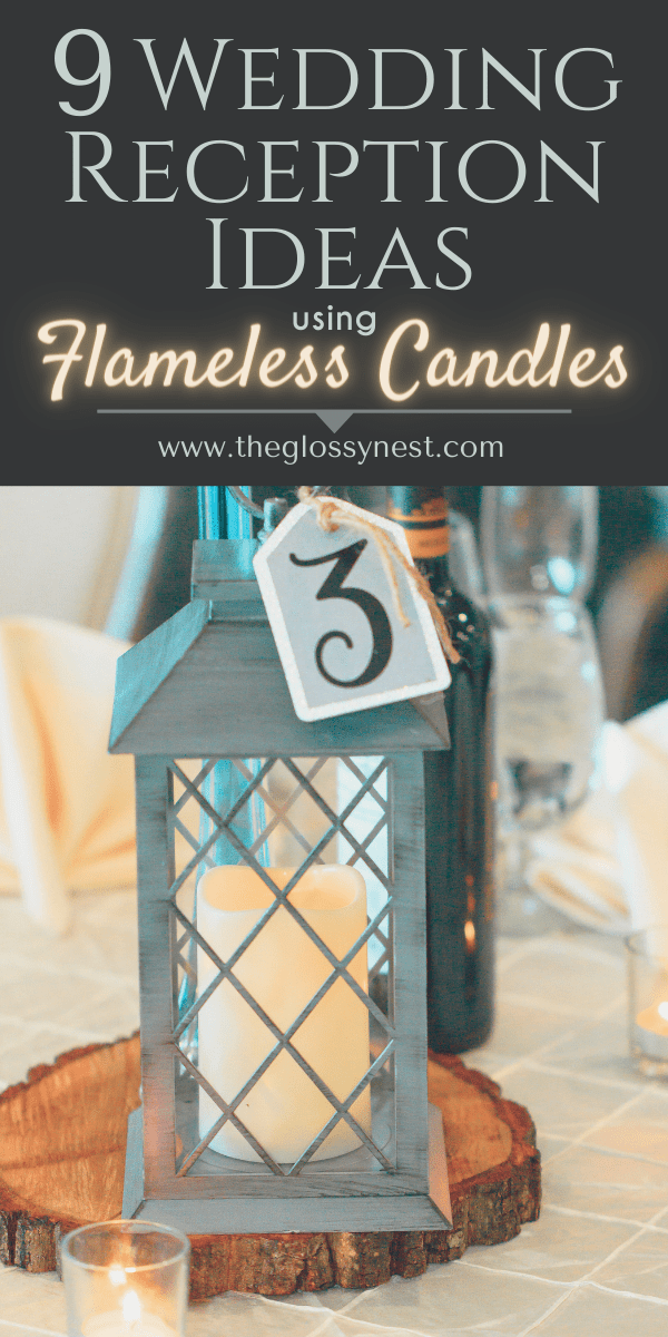 Flameless candles for wedding reception table centerpieces with lanterns, wood chargers