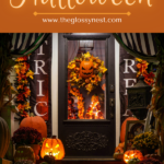 Halloween decorating ideas for a front door with jack-o-lanterns, string lights, pumpkins, mums