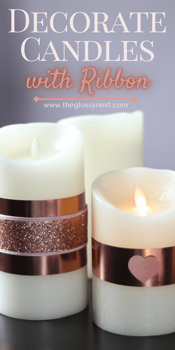 How to decorate a candle with pink glitter ribbon, heart decals