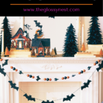 Cute ways to decorate for a Halloween fireplace & mantel with haunted houses, bat garland, pumpkins, candles