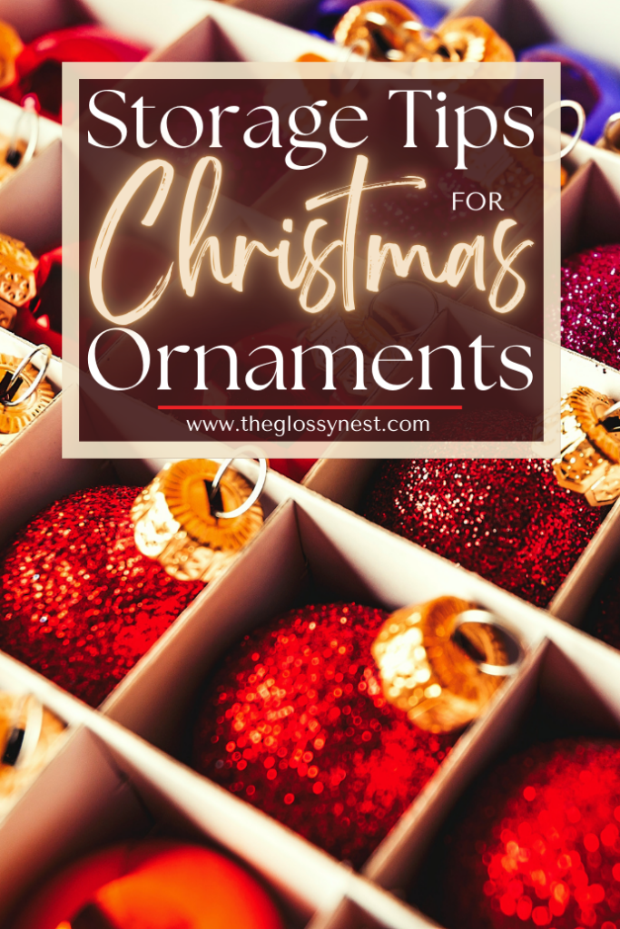 A box filled with shiny red and gold Christmas ornaments. Text overlay reads: "Storage Tips for Christmas Ornaments" with a website URL at the bottom.