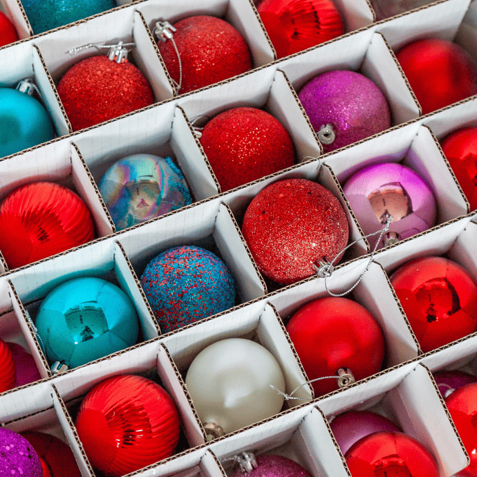 Storage box of small Christmas ornaments