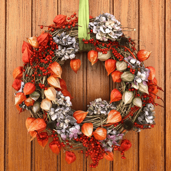 Fall wreath hanging on a door