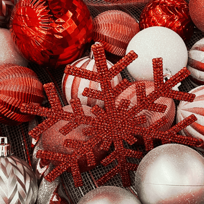 Red and white ornaments, red snowflake