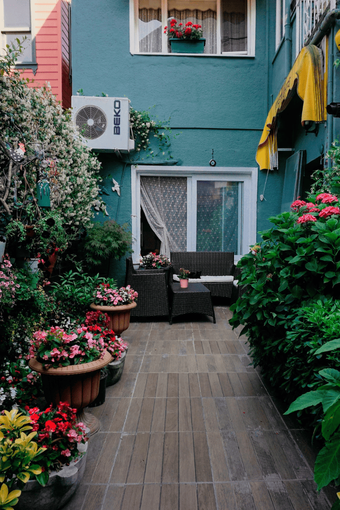 Summer patio area with flowers, shrubs