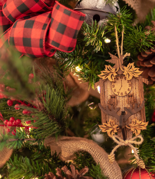 buffalo plaid ribbon, wooden ornaments on christmas tree