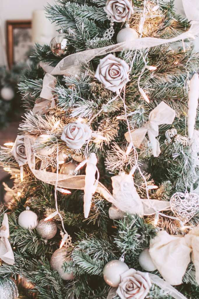 shabby chic christmas tree with ribbons, roses, ornaments