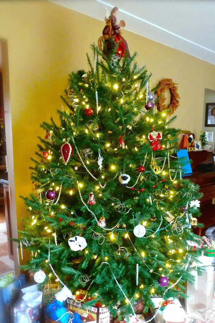 vintage Christmas tree with ornaments, garland