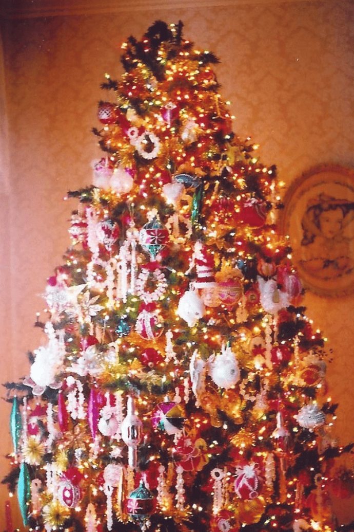 vintage Christmas tree with lights, ornaments