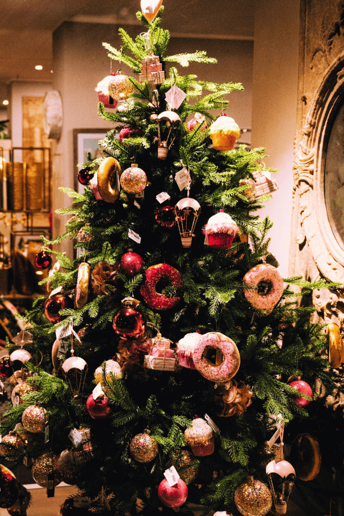 whimsical christmas tree with donut, cupcake ornaments