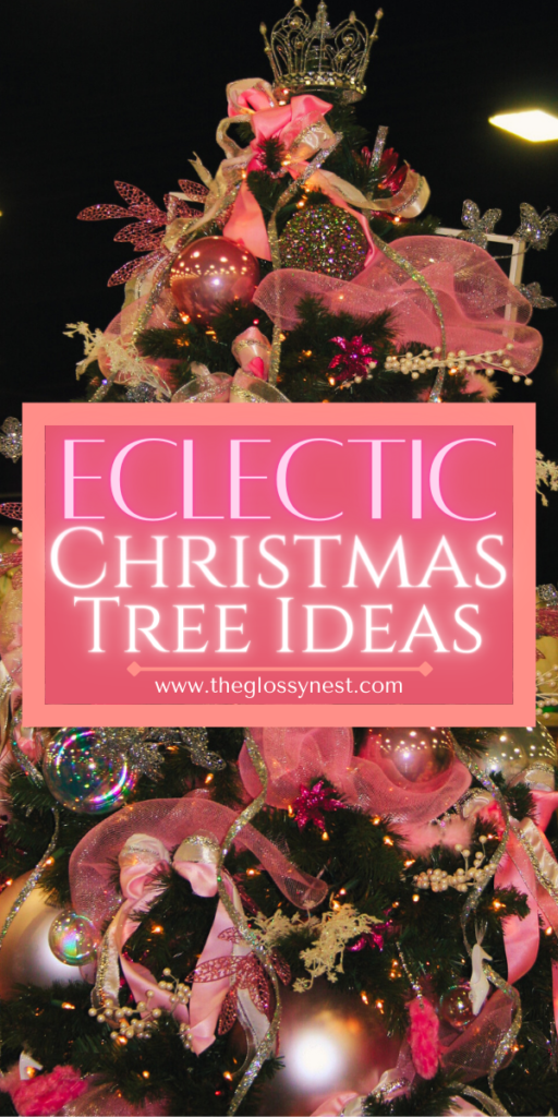 pink christmas tree with crown topper, pink ribbons