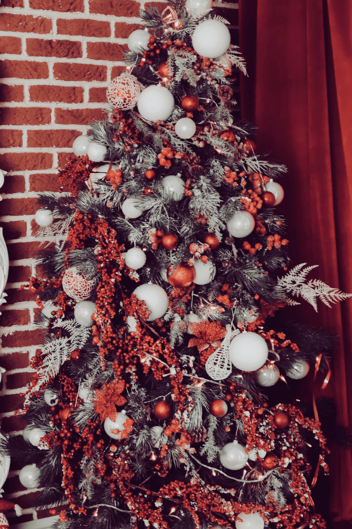 christmas tree with red, white ornaments, decorations