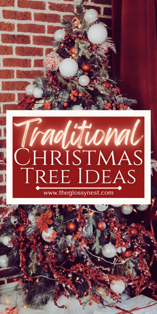 classic christmas tree with red, white ornaments