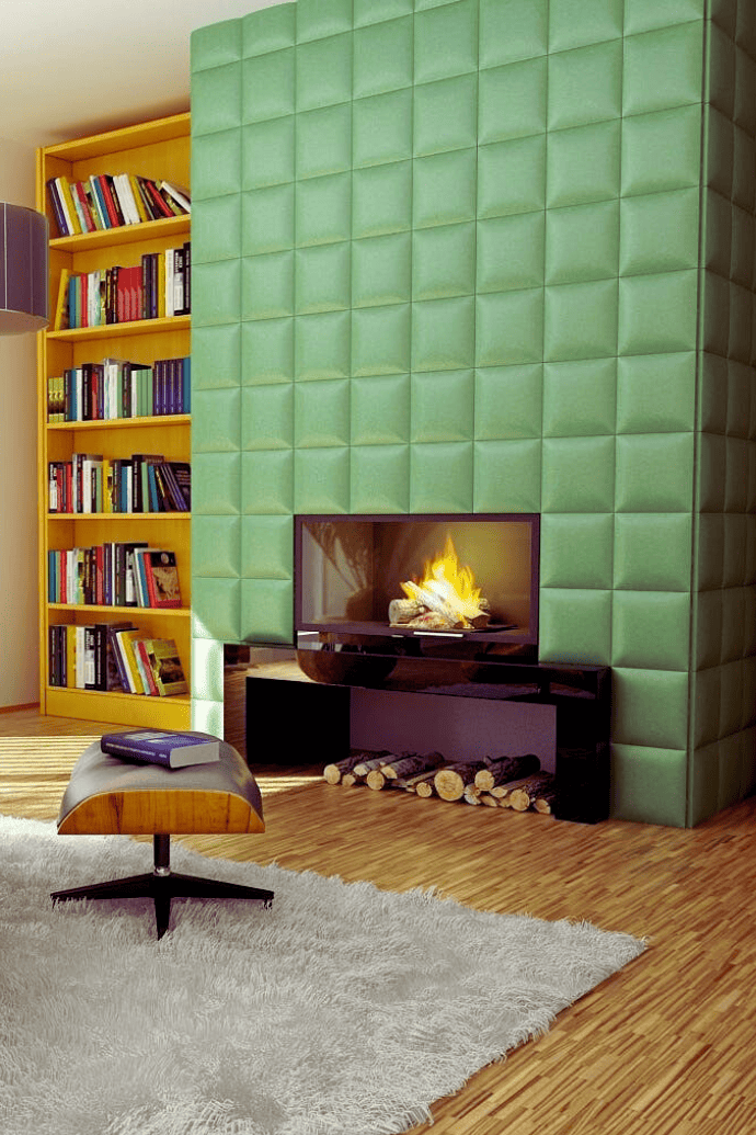 electric fireplace with green chimney breast wall, built in