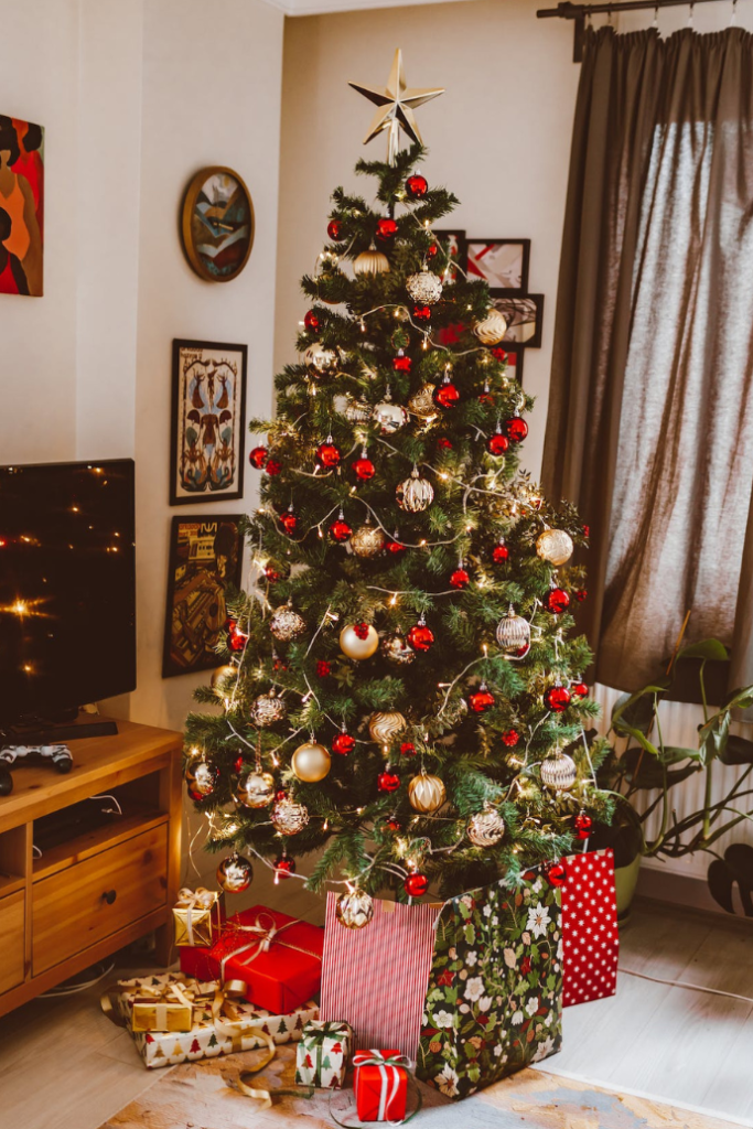 Christmas tree with red, gold, silver ornaments