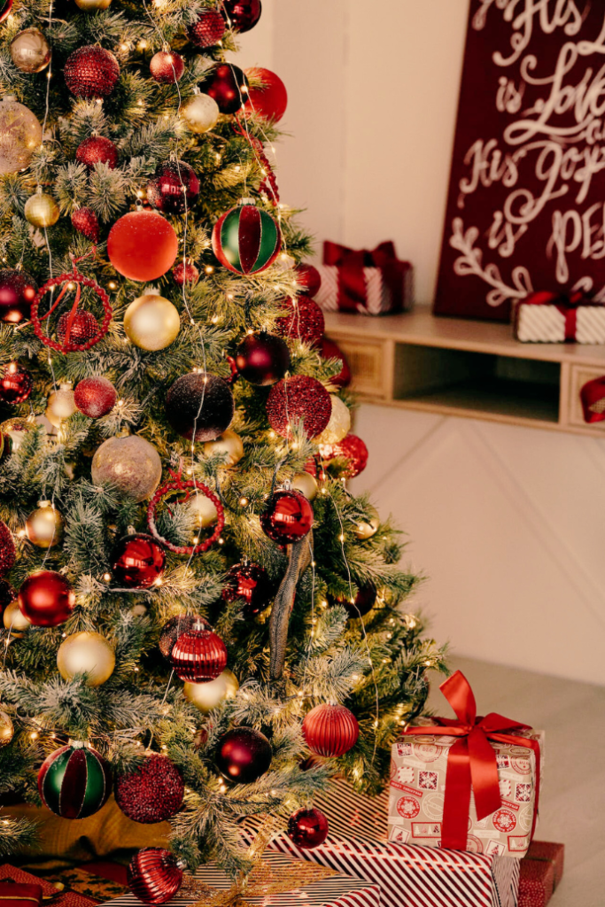 Christmas tree with red, green, gold ornaments