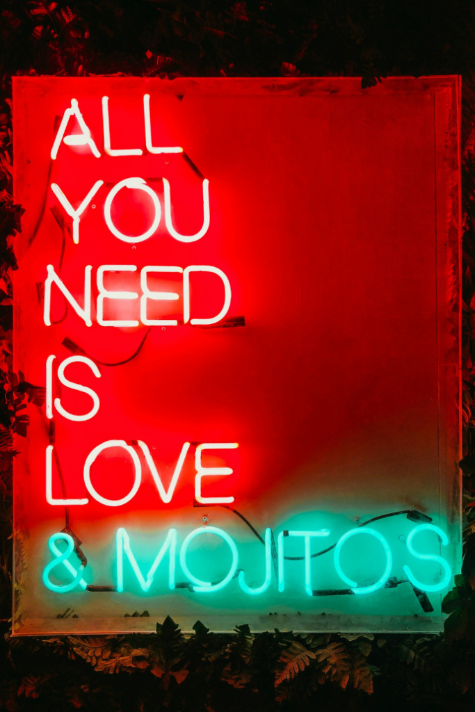 wedding neon sign quote all you need is love & mojitos