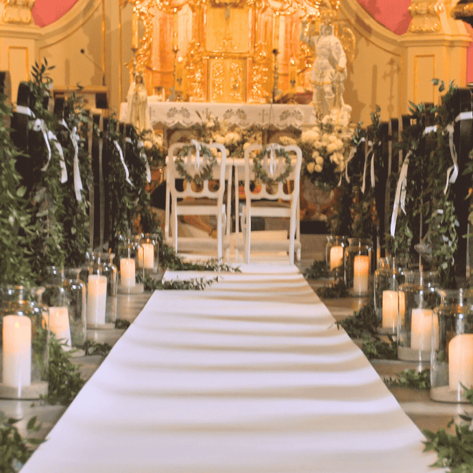 flameless candles in hurricanes, greenery, wedding aisle in church