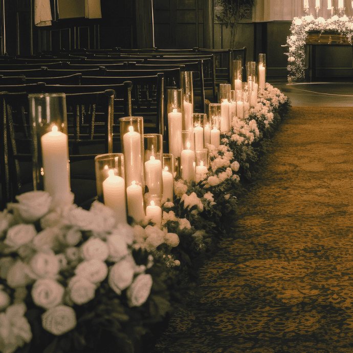 candles in glass hurricanes, white flowers down wedding aisle, chairs